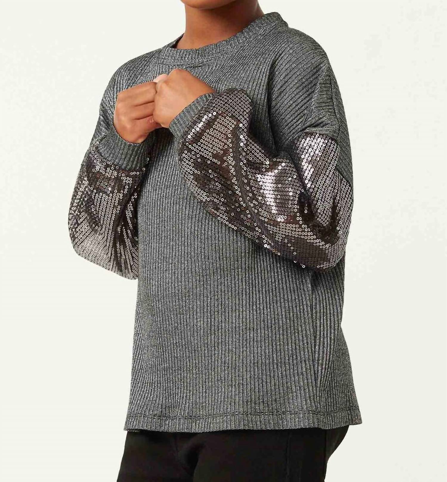 Hayden La - Sequin Sleeve Metallic Rib Long Sleeve Top