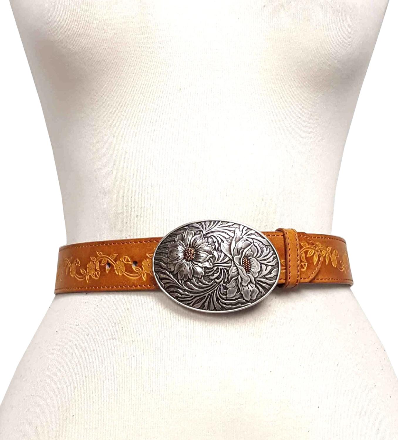 Axesoria West - Women's Sunflower Buckle With Vintage Floral Tooled Belt