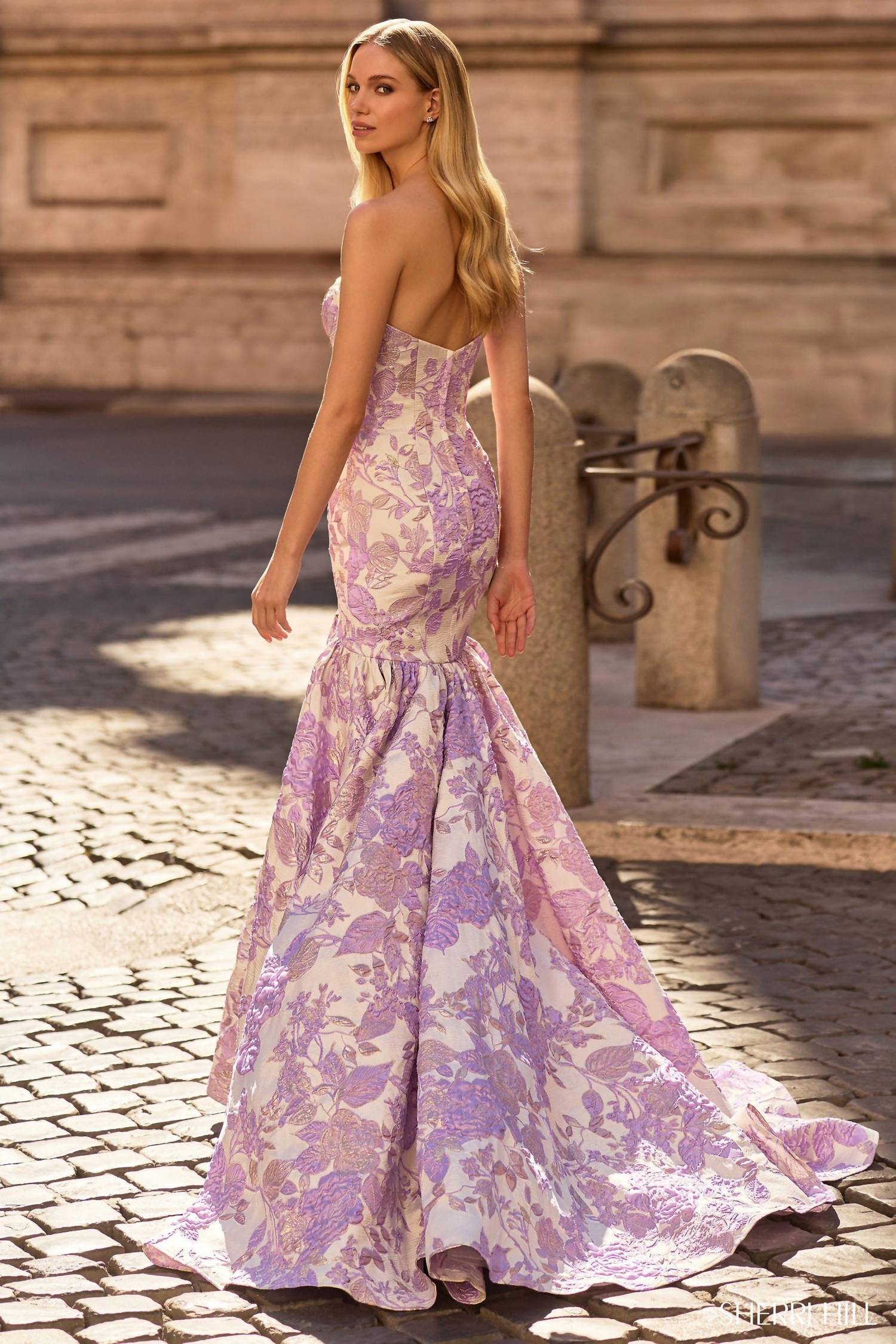 Sherri Hill Floral Brocade Strapless Prom Dress in lilac - women's dress - alternate view