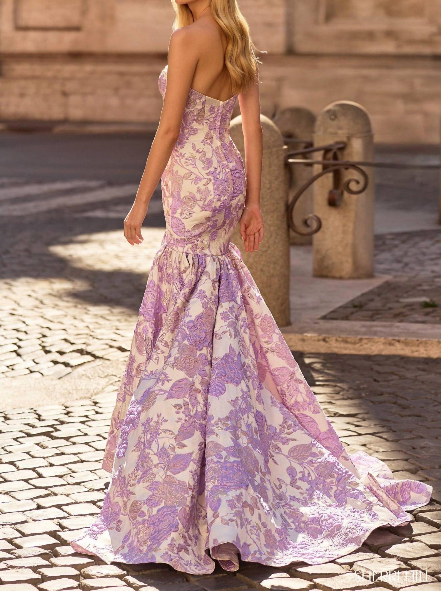 Sherri Hill Floral Brocade Strapless Prom Dress in lilac - women's dress - detail view