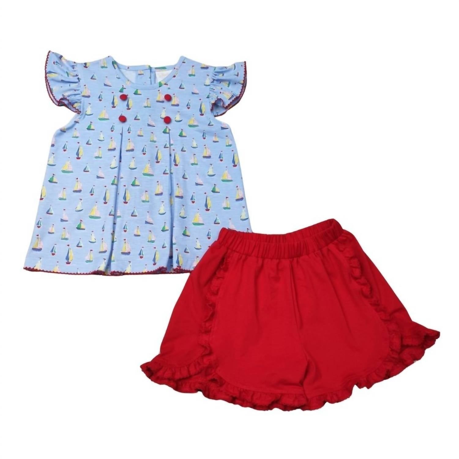 Whimsy Bay Kids Girl's Sailing Away Flutter Top Short Set in blue - item
