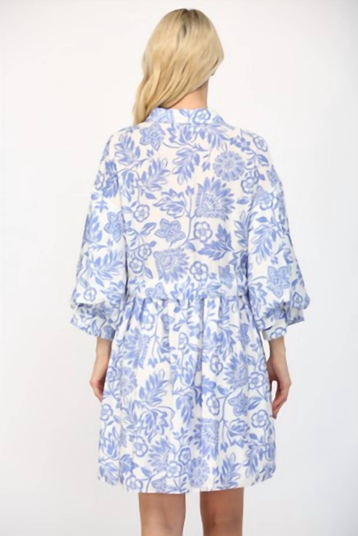 Fate Puff Sleeve Shirt Mini Dress in white blue - women's dress - detail view