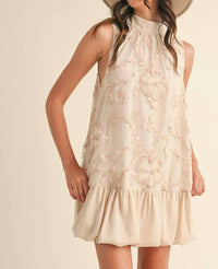 &Merci - Bubble Hem Embellished Mixed Media Mini Dress