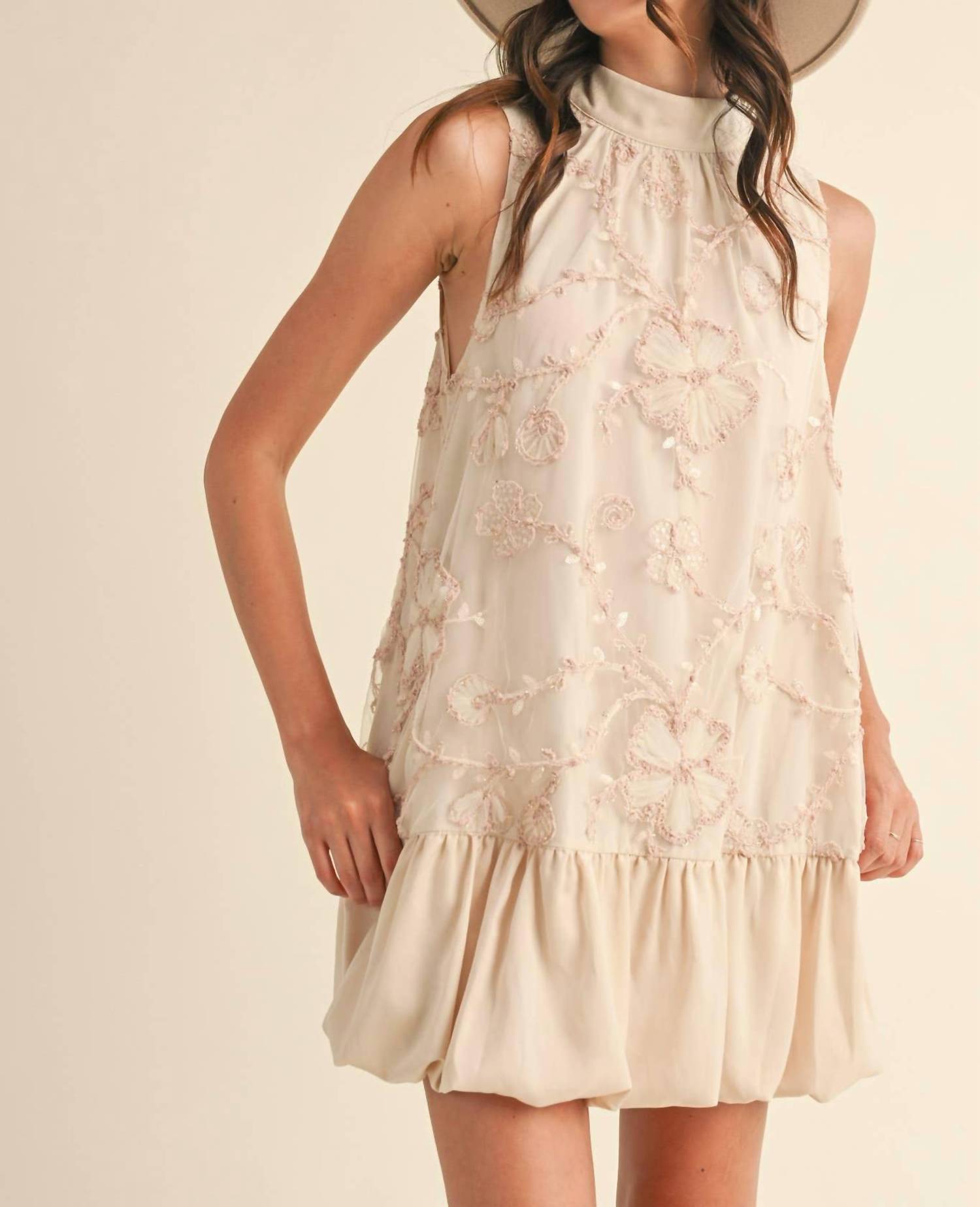 &Merci - Bubble Hem Embellished Mixed Media Mini Dress