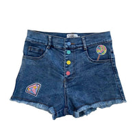 Lola + The Boys Girl's Rainbow Button Up Patch Jean Short in dark denim - kids' shorts