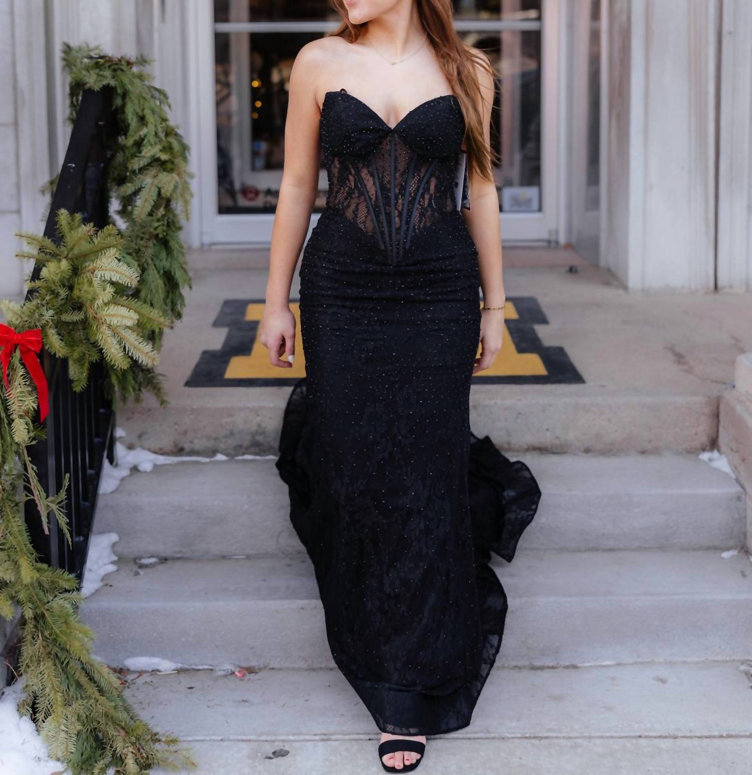 Sherri Hill Strapless Fitted Hot Fix Lace Prom Dress in black - women's dress