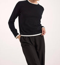 Brodie Cashmere Double Contrast Crew Neck Sweater in black ivory - women's sweater - view 4