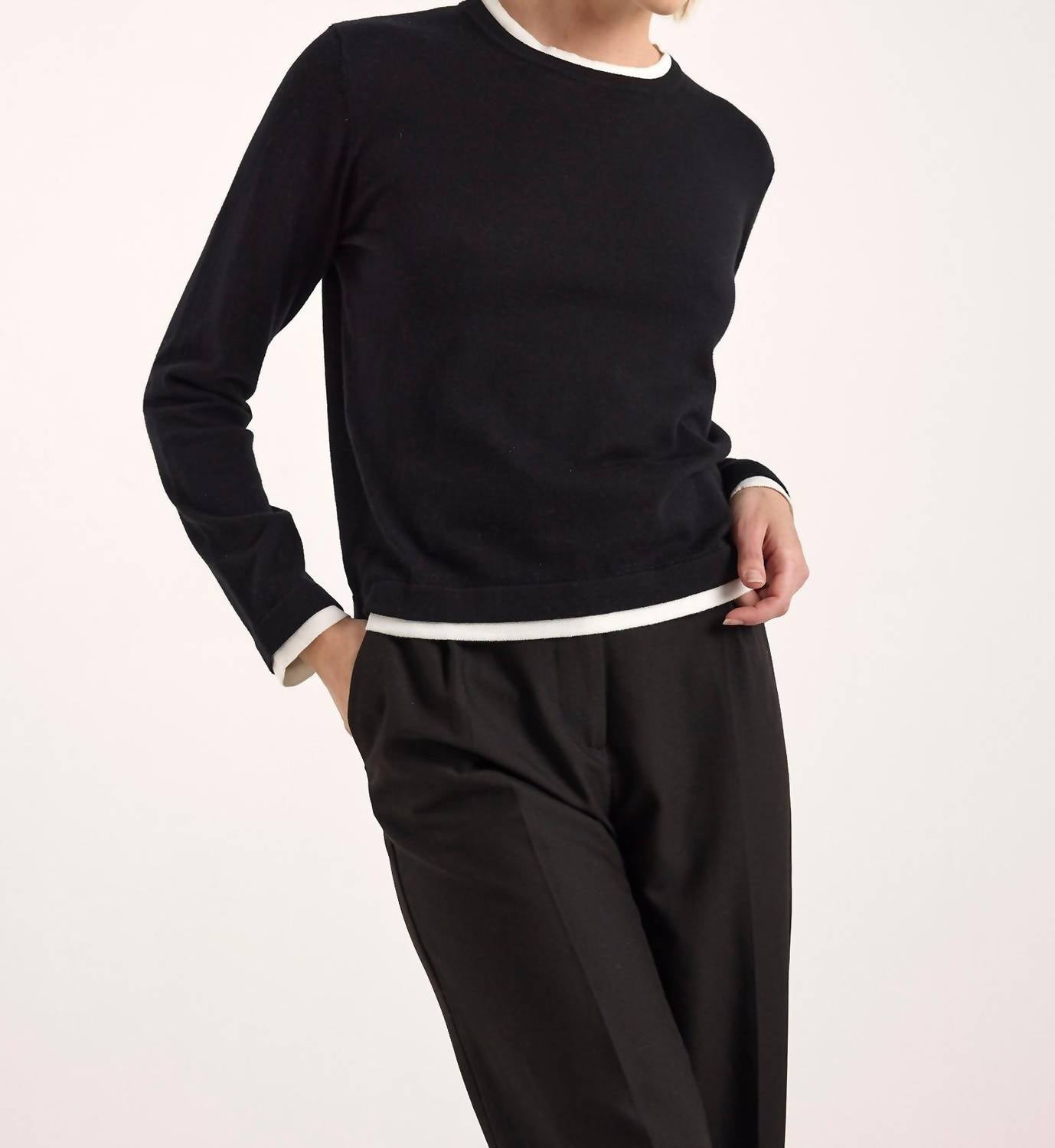 Brodie Cashmere Double Contrast Crew Neck Sweater in black ivory - women's sweater - view 4