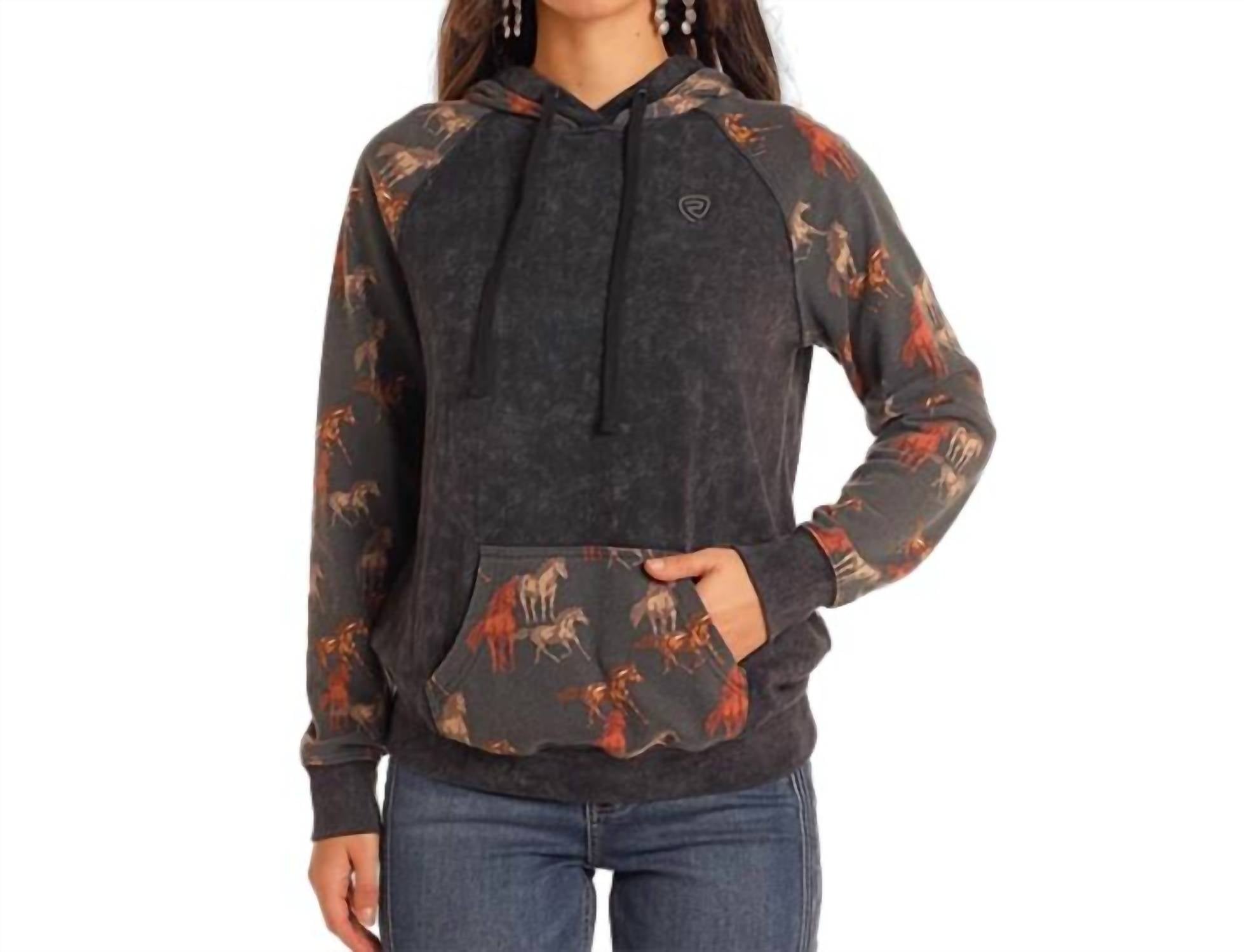 Rock & Roll Denim Contrast Sleeves Western Hoodie in black - women's top