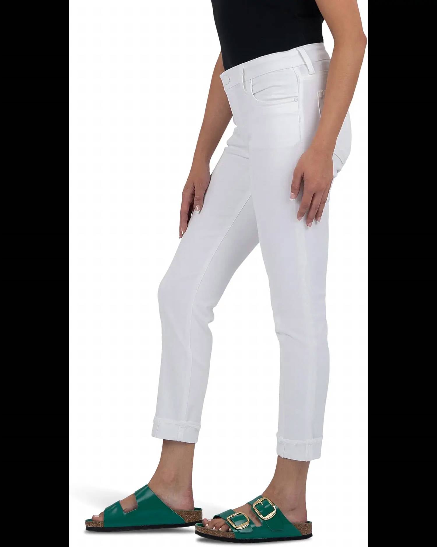 KUT FROM THE KLOTH Amy Crop Straight Leg- Roll Up Fray Jean in optic white - women's jeans - detail view