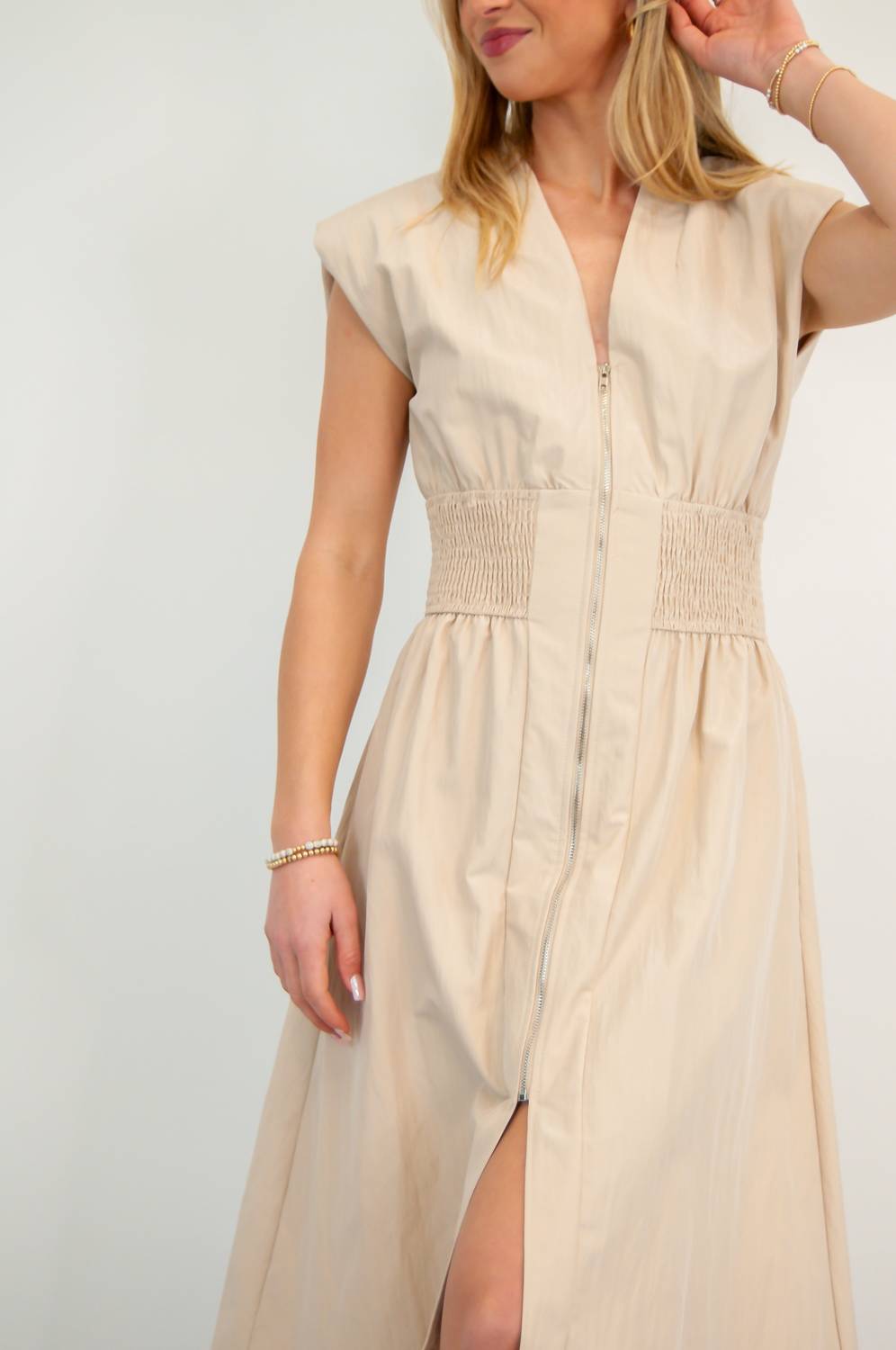 Glam - Madelyn Deep V Zipper Front Midi Dress