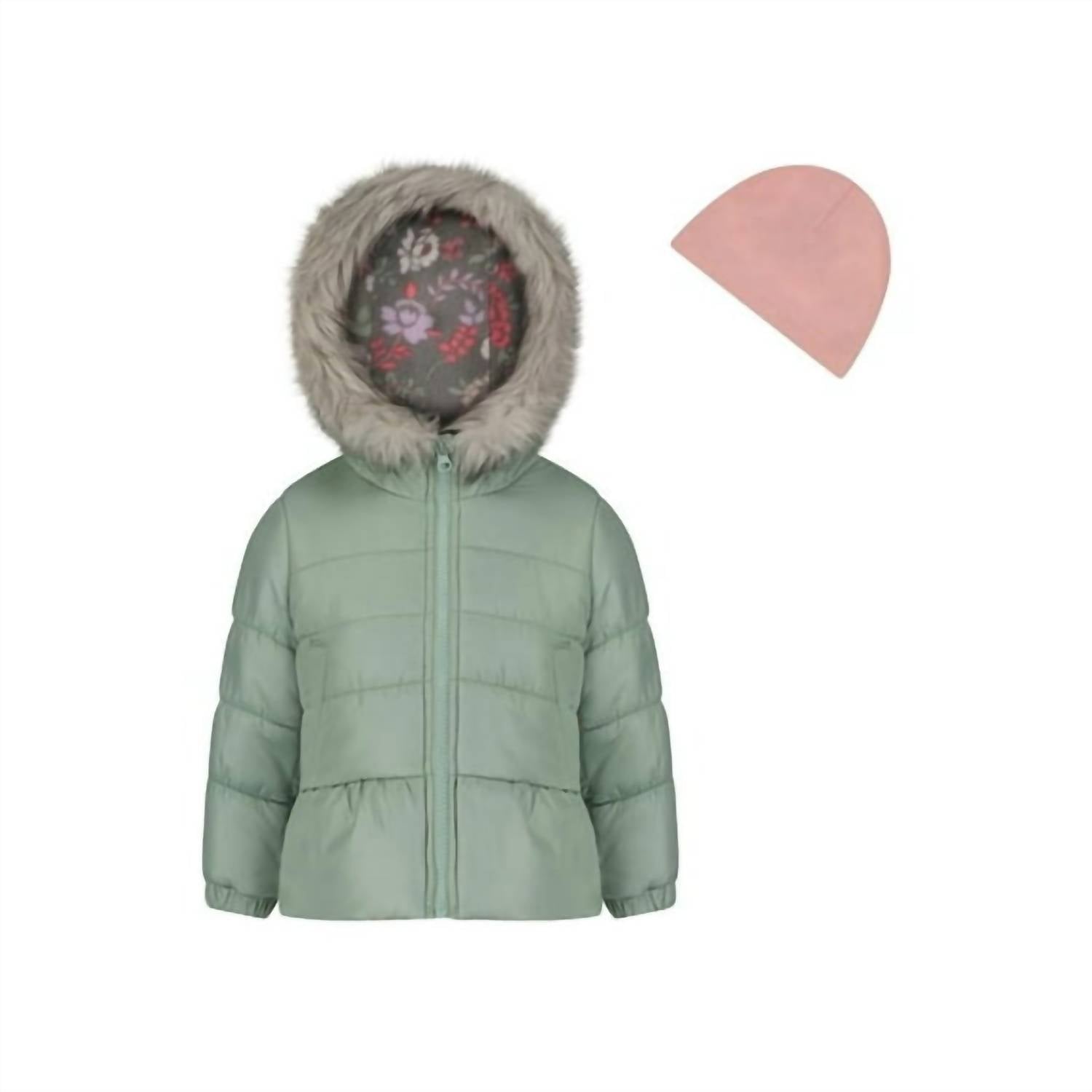 Weather Tamer - Girls' Faux Trim Jacket And Fleece Beanie Set
