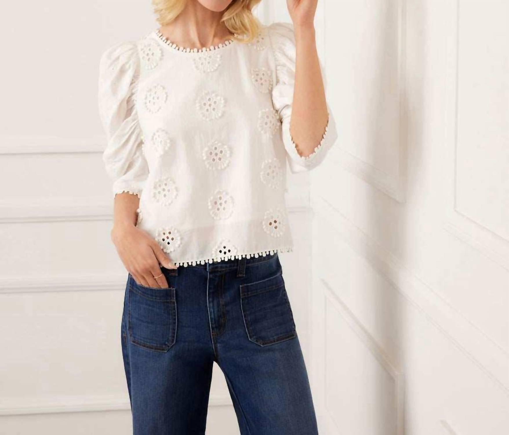 Karen Kane - Puff Sleeve Embroidered Top - Petite