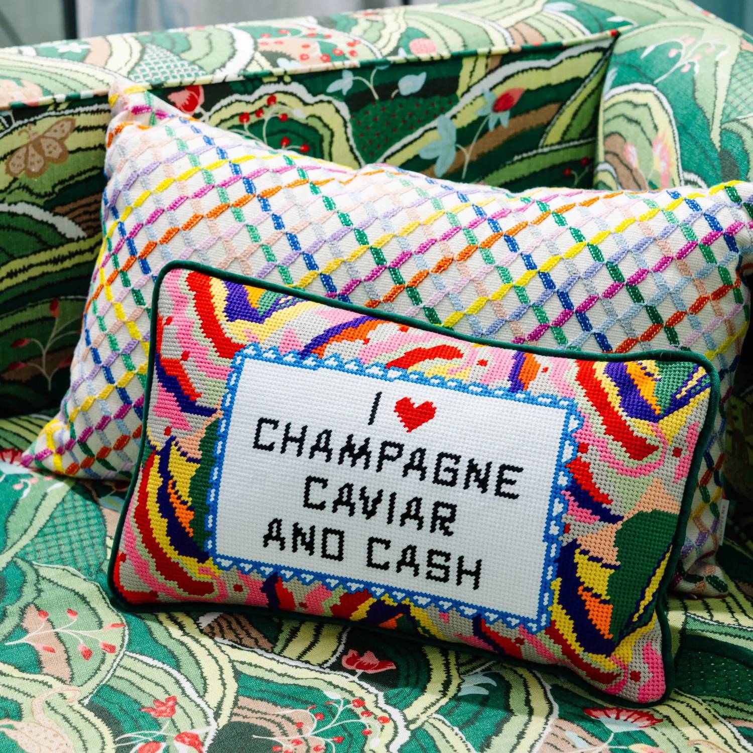 Furbish Studio - Love Champagne, Cavier & Cash Needlepoint Pillow