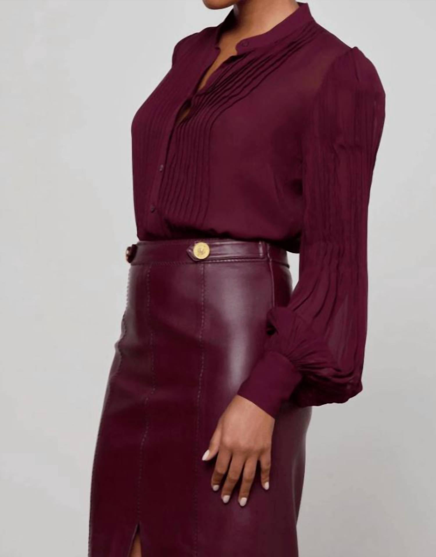 L'Agence Noor Mandarin Pleated Blouse in dark port - women's blouse - view 4