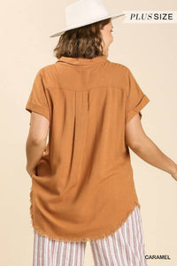 Umgee - Linen Button Front Fray Hem Top - Plus