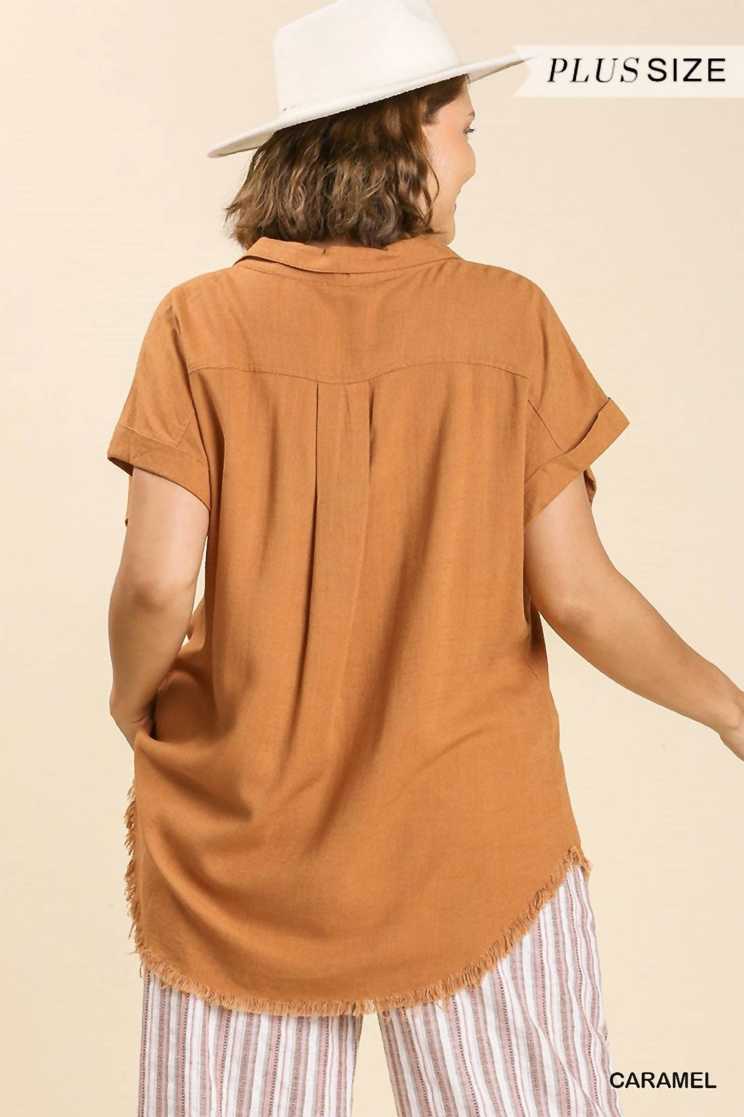 Umgee - Linen Button Front Fray Hem Top - Plus