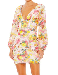 Mac Duggal - Sequin Floral V-neck Long Sleeve Mini Dress
