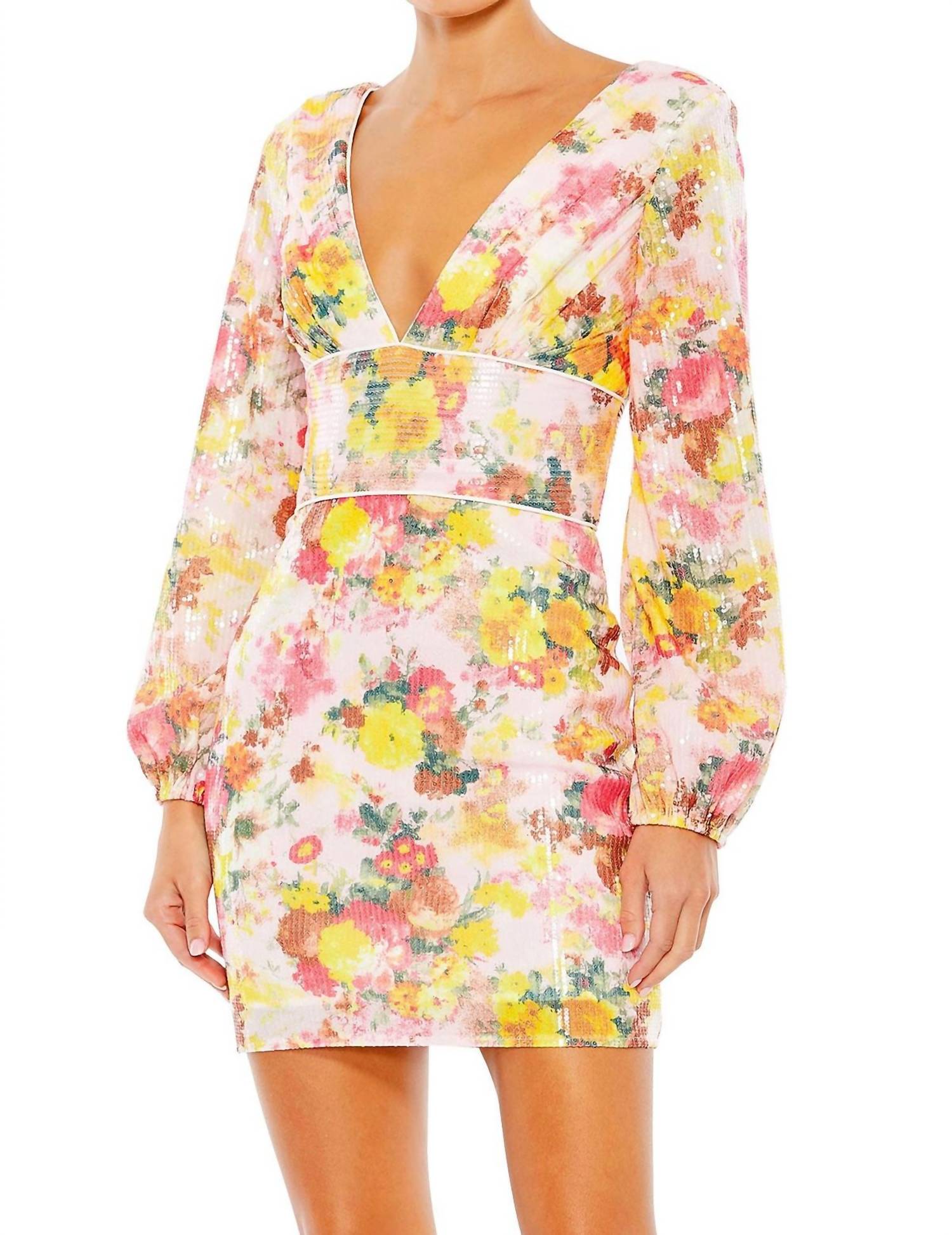 Mac Duggal - Sequin Floral V-neck Long Sleeve Mini Dress