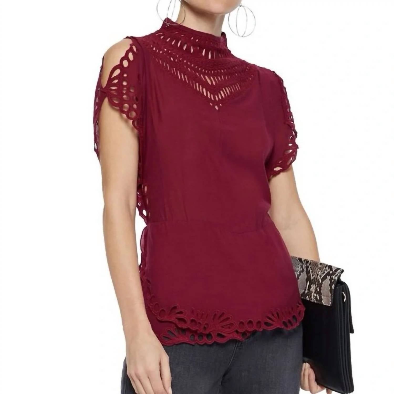 IRO Voile Broderie Peplum Top in red - women's t-shirt