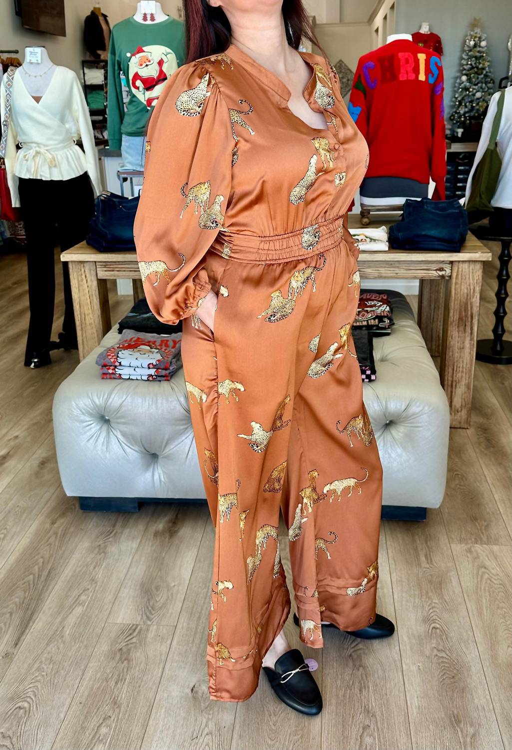 Umgee - Cheetah Motif Smocked Waist Jumpsuit