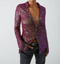 Free People Sequin Long Sleeve Shirt in dark rhubarb - women's blouse