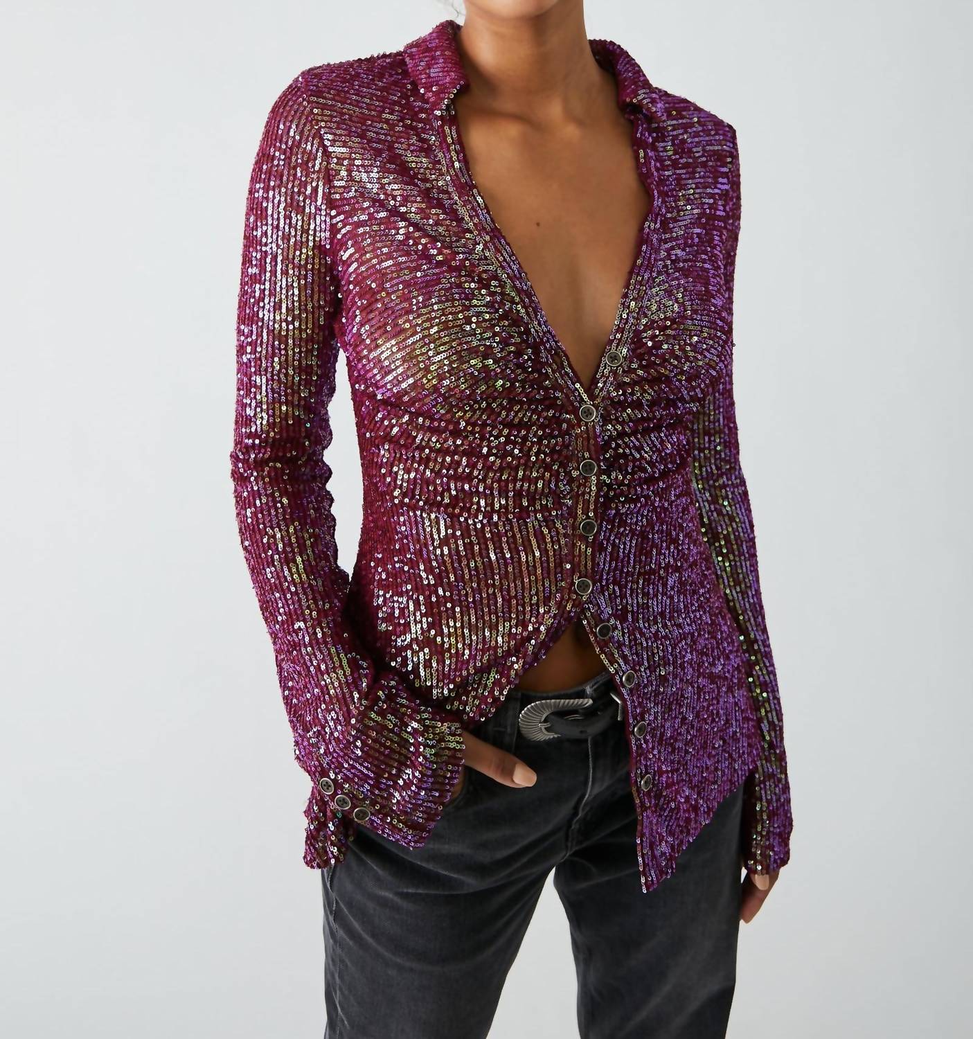 Free People Sequin Long Sleeve Shirt in dark rhubarb - women's blouse