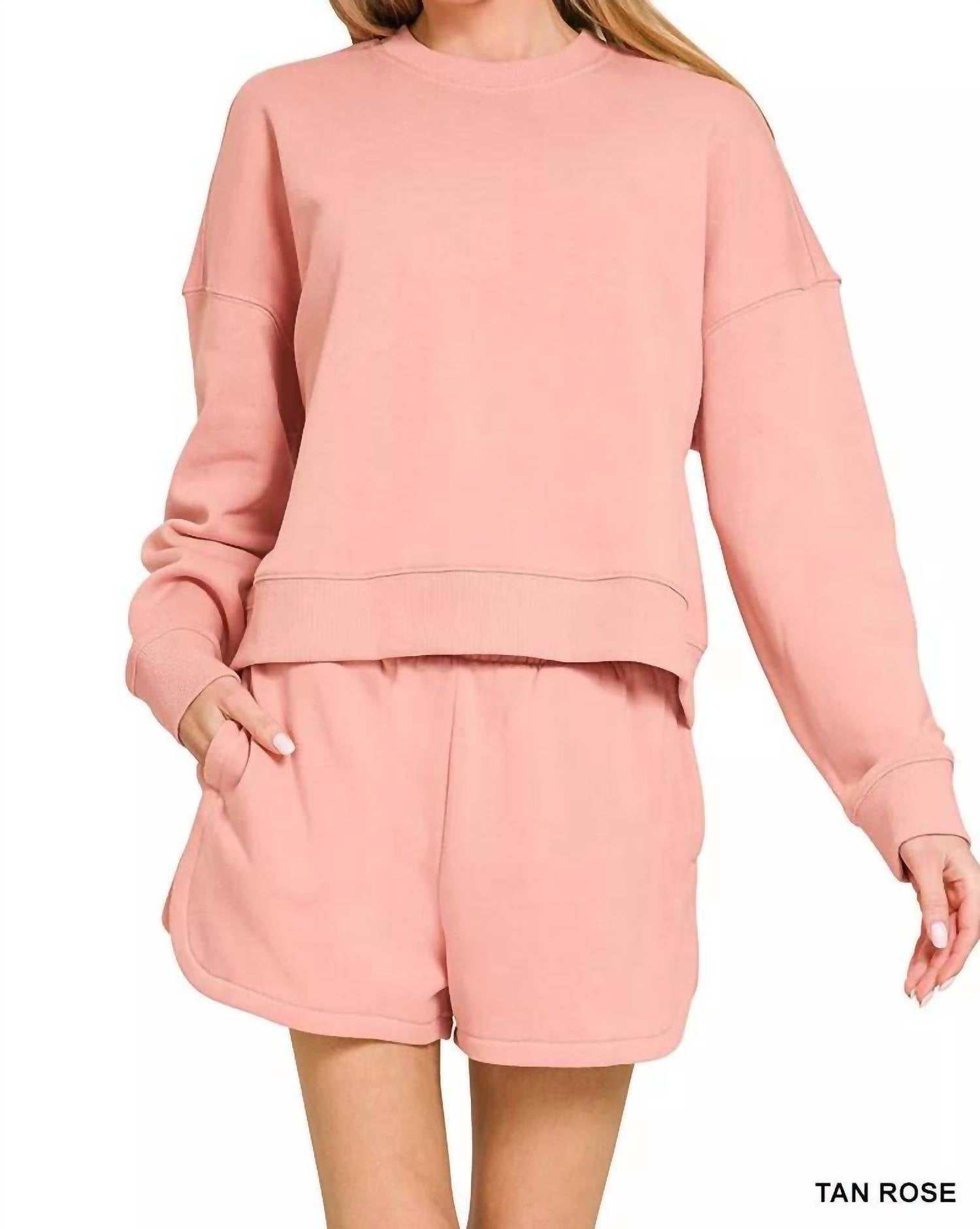 Zenana - Fleece Long Sleeve Sweatshirts And Shorts Set