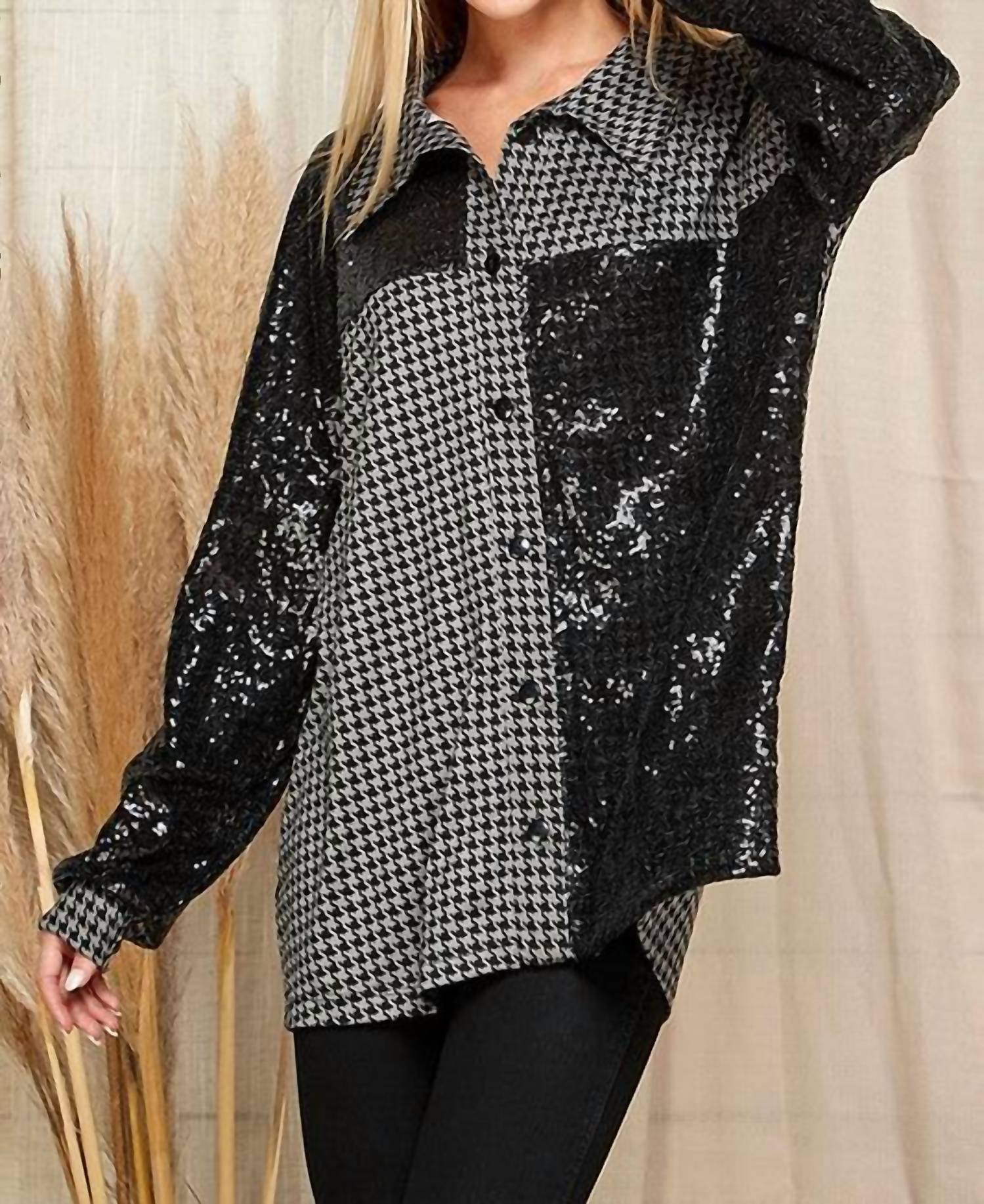 Blumin Upscale Houndstooth Sequin Top in black - women's shirt