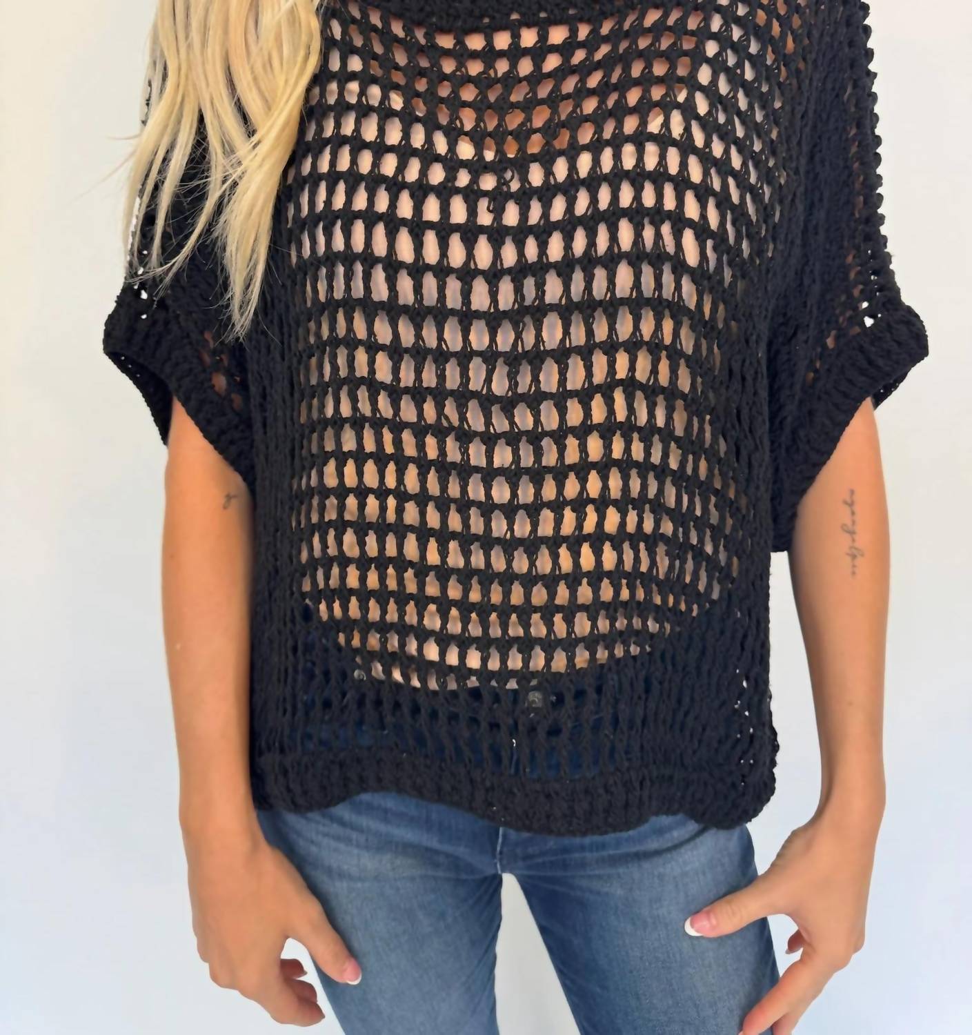 Romi The Brand Azure Crochet Classic Top in black - women's t-shirt - detail view