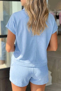 Shewin - Loose Polo Tee Elastic Waist Short Set