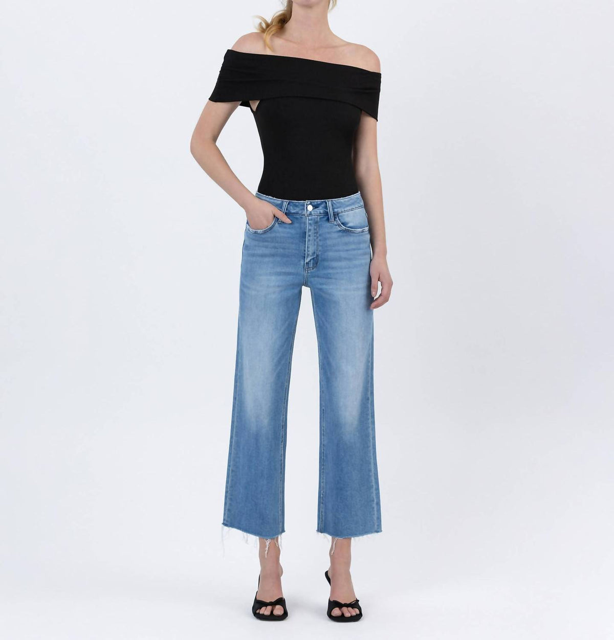 Flying Monkey - Lainey High Rise Raw Hem Crop Slim Wide Jeans