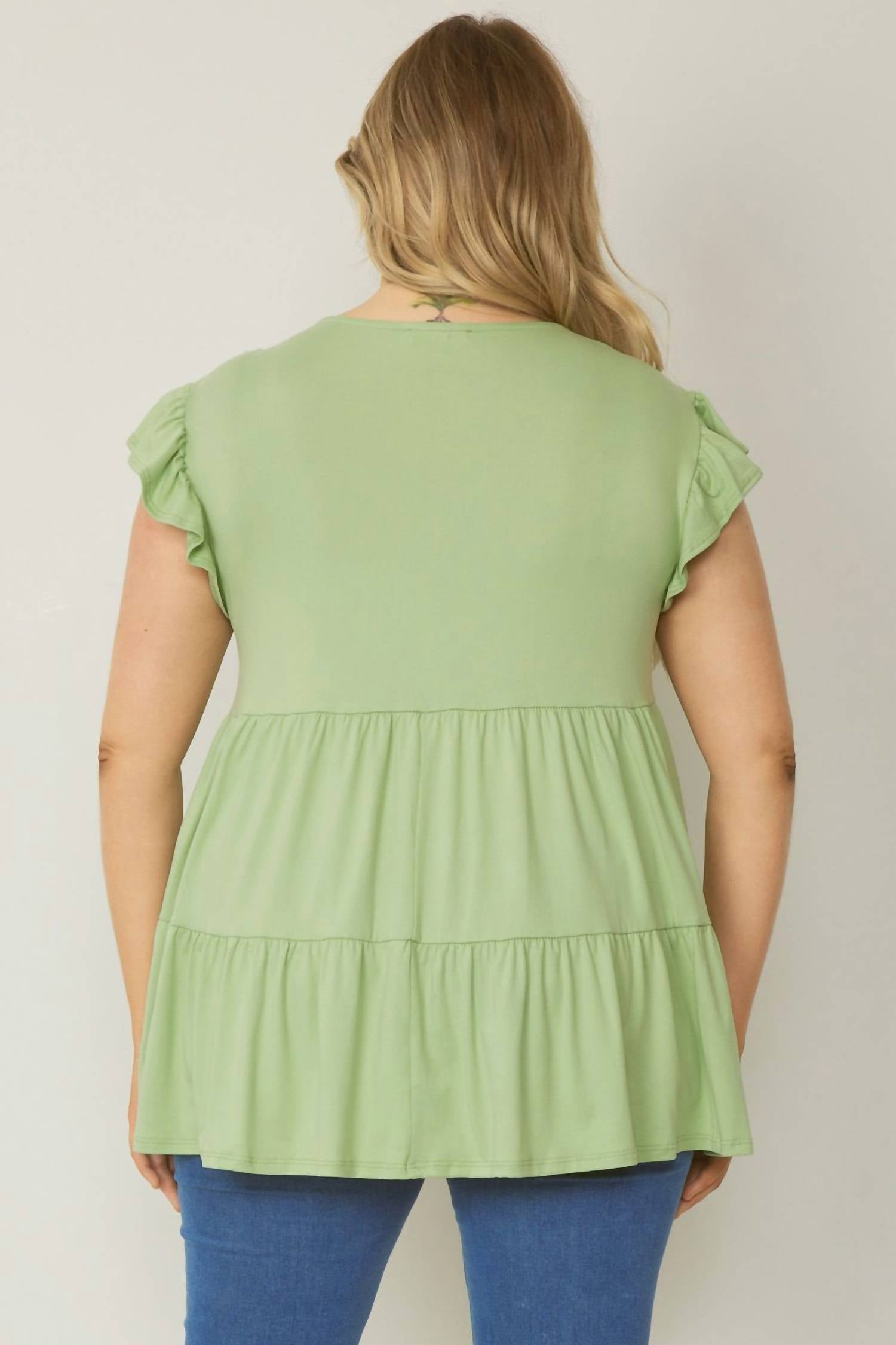 entro Tiered Ruffle Babydoll Top in sage - women's shirt - detail view