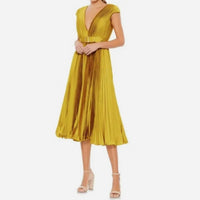 Mac Duggal - Pleated Cap Sleeve Satin Midi Dress