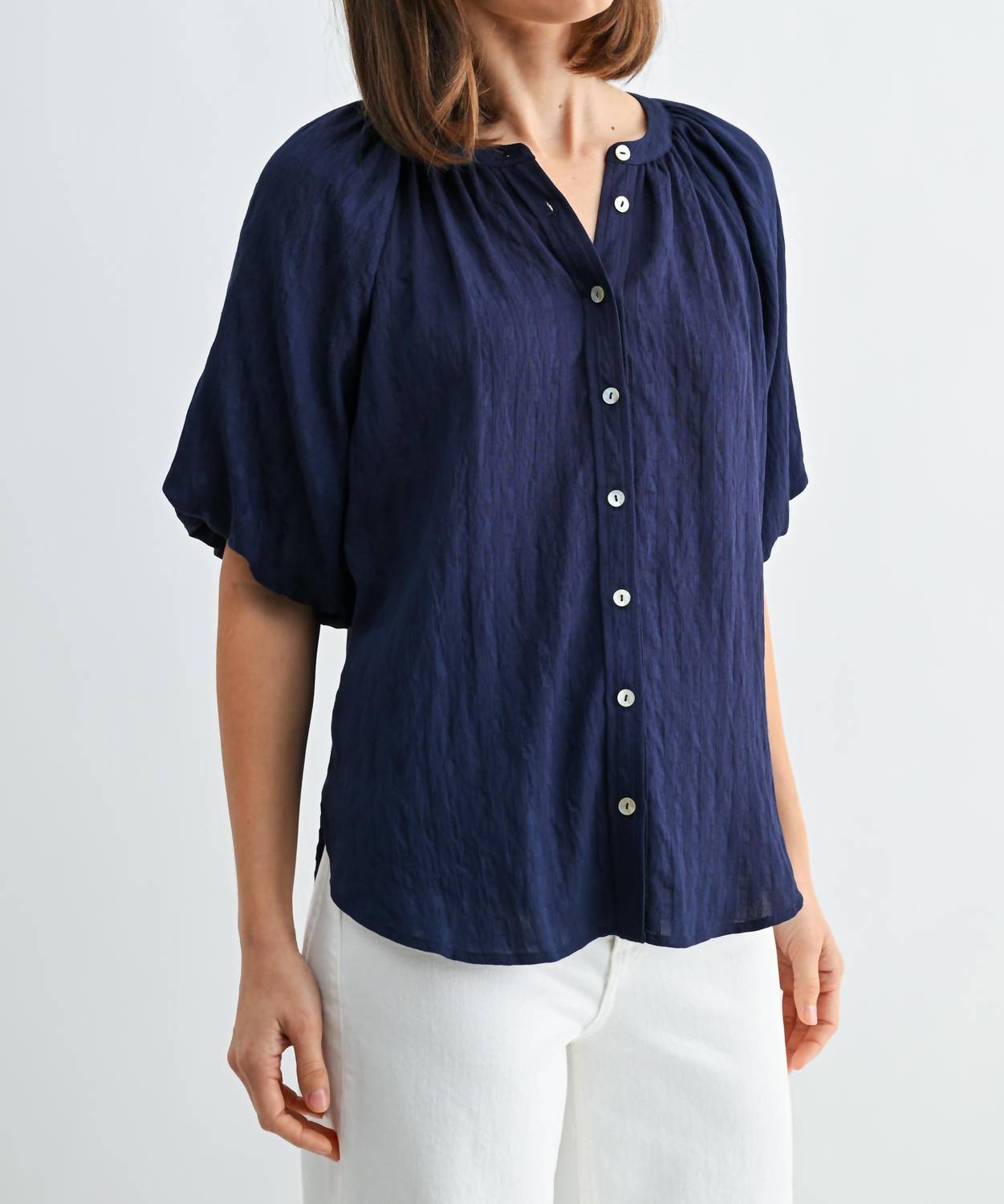 Fun 2 Fun Shiloh Texture Balloon Sleeve Blouse in navy - women's blouse