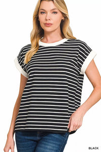Zenana - Contrast Trim Striped T-shirt Dress With Pockets