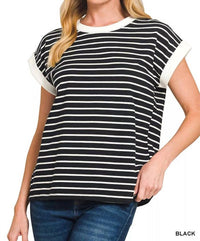 Zenana - Contrast Trim Striped T-shirt Dress With Pockets