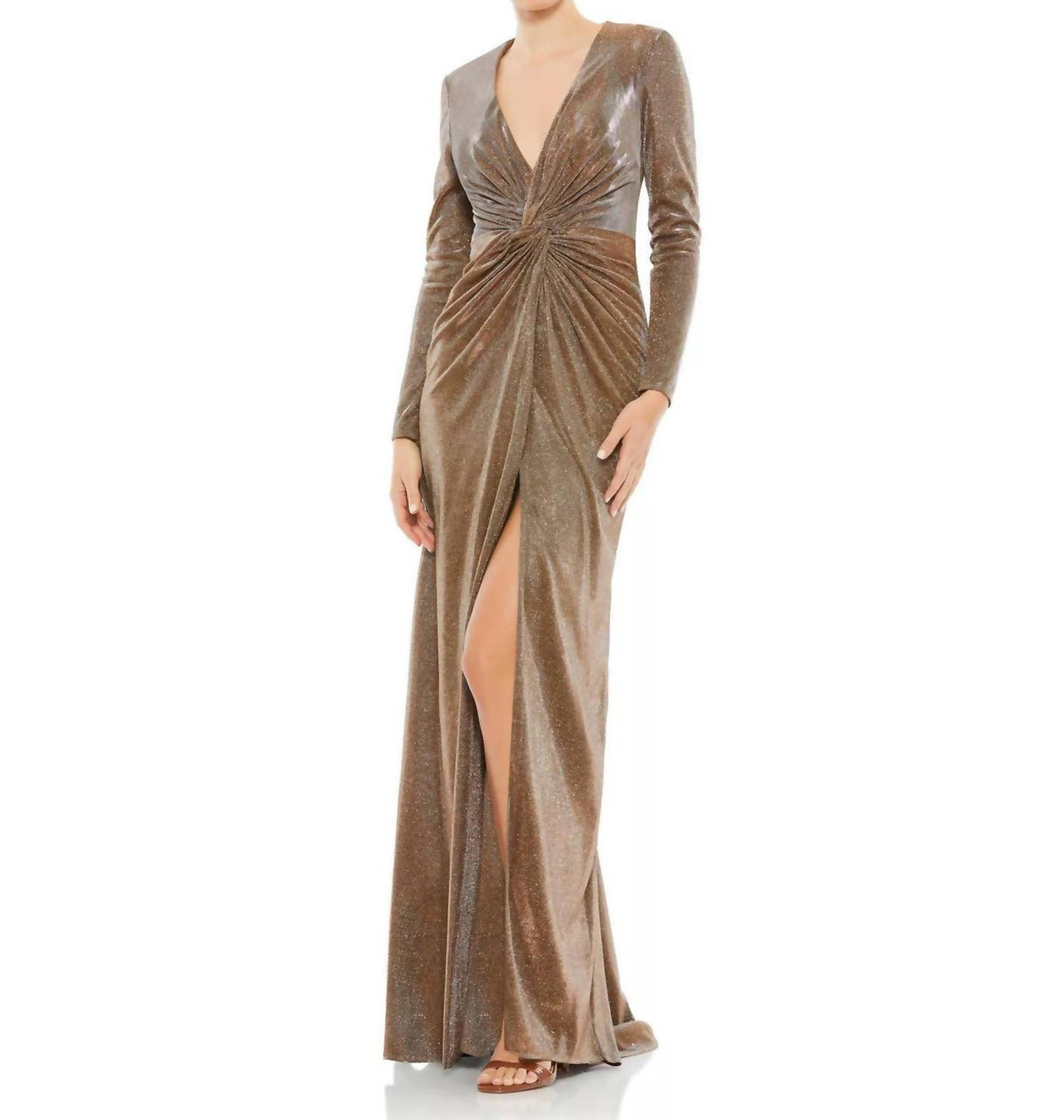 Mac Duggal - Women's Metallic Twist Front Plunging Long Sleeve Gown