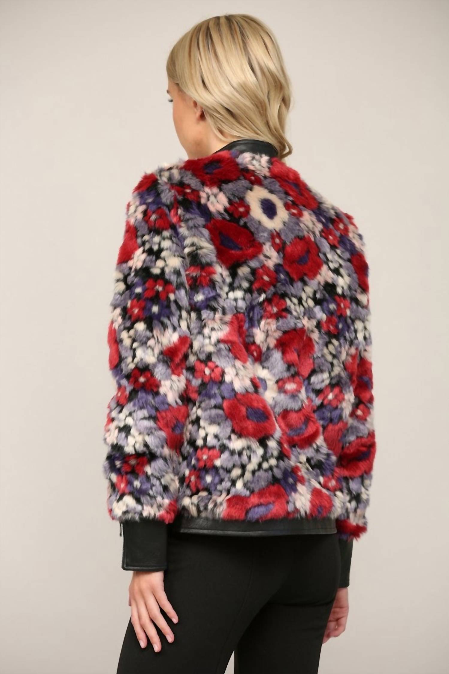 Fate Faux Leather Trim Fur Jacket in black multi - women's jacket - detail view