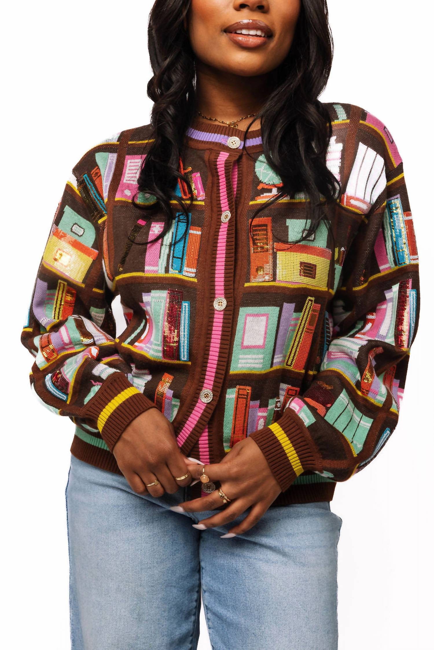 Queen Of Sparkles - Library Brooks Long Sleeve Cardigan