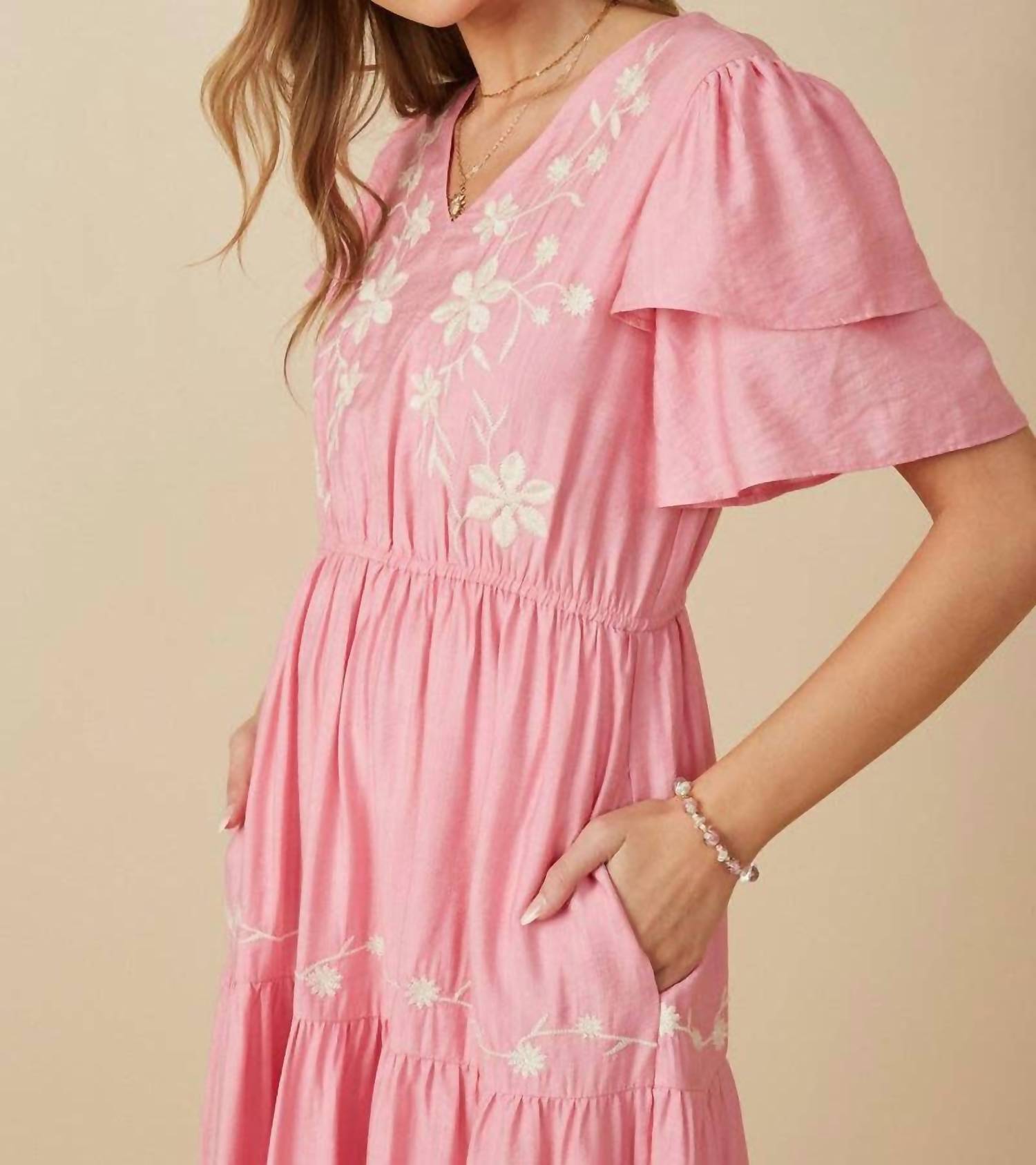 Hayden La - Women's Embroidered Ruffle Sleeve Tiered Dress