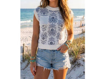 LA MIEL Floral Knit Sweater Vest Top in pacific blue - women's blouse