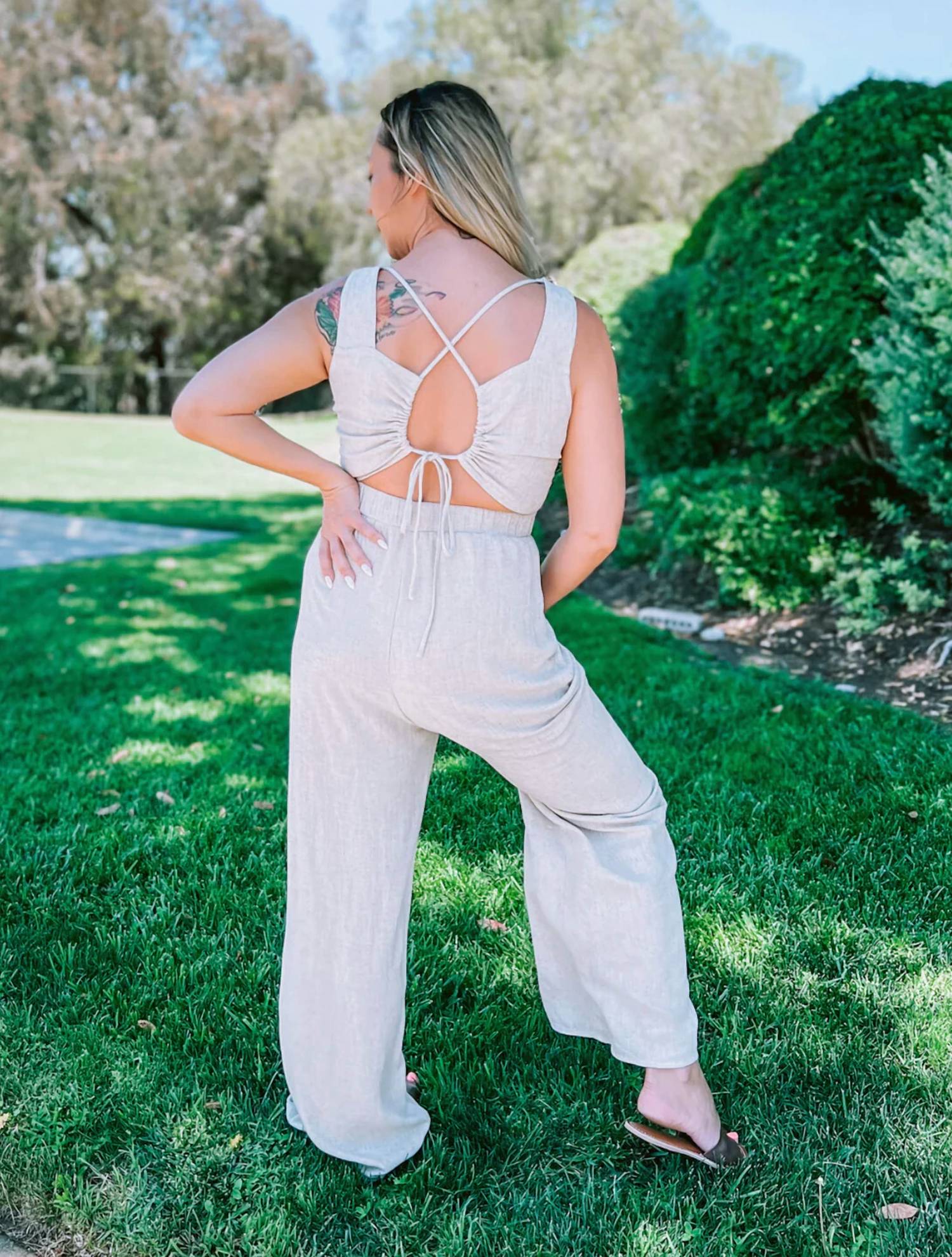 GILLI Criss-Cross Tie Back Elastic Waist Jumpsuit in oatmeal - women's pants - detail view