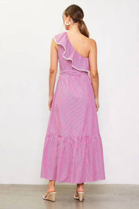 Skies Are Blue - Striped One Shoulder Ruffle Midi Dress