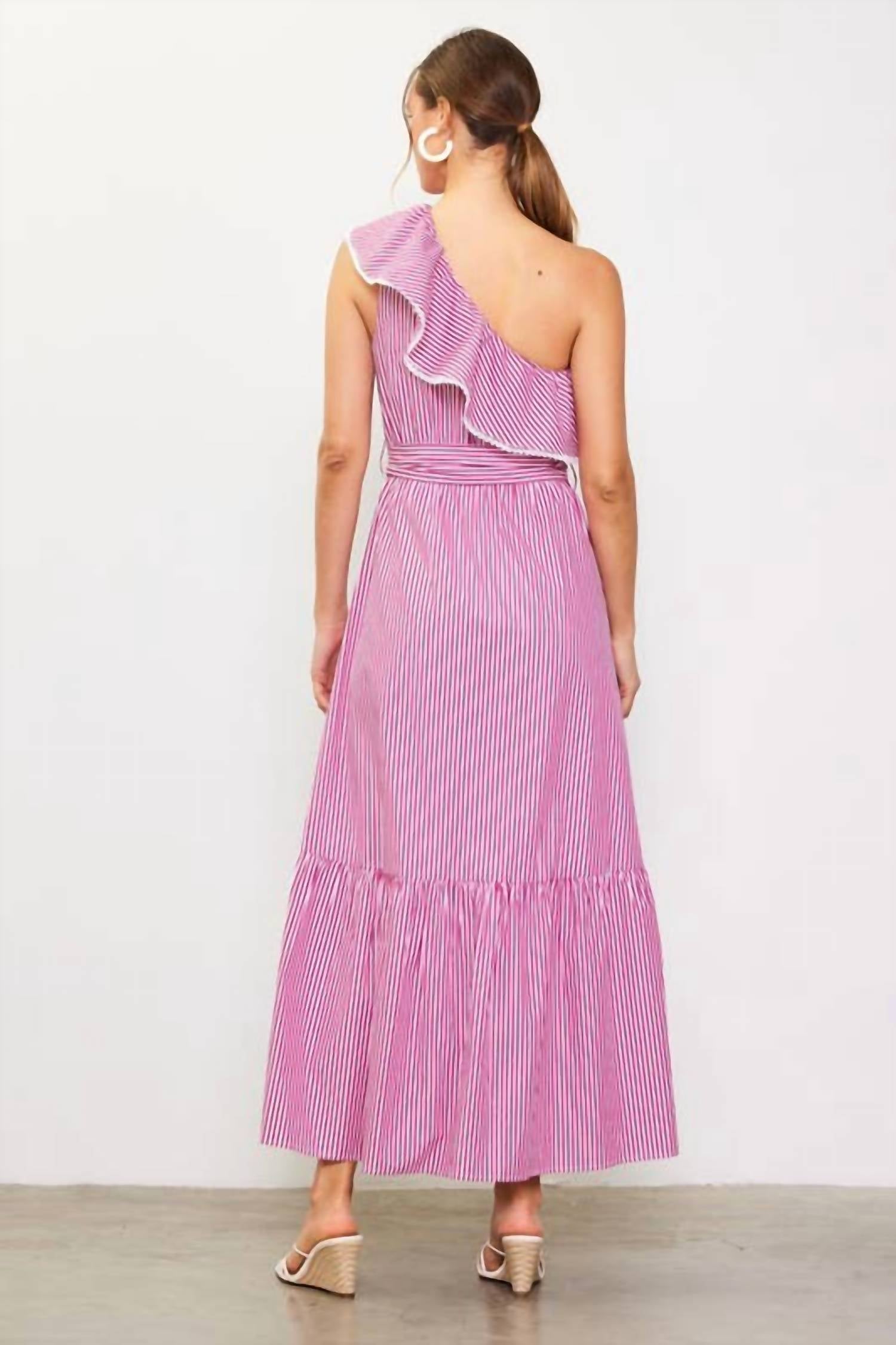 Skies Are Blue - Striped One Shoulder Ruffle Midi Dress