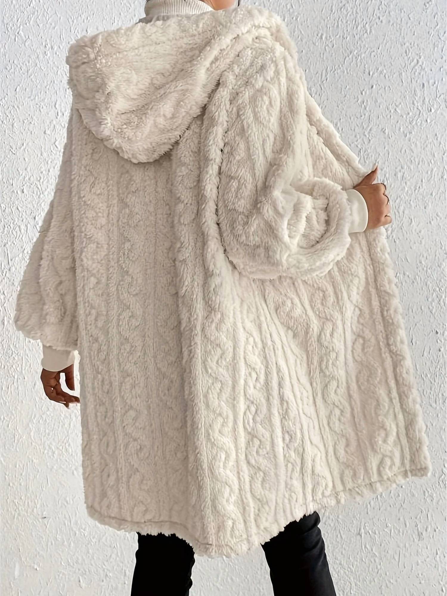 Rosa Clothing hooded plush threaded cuff midi coat in milk white - women's jacket - alternate view