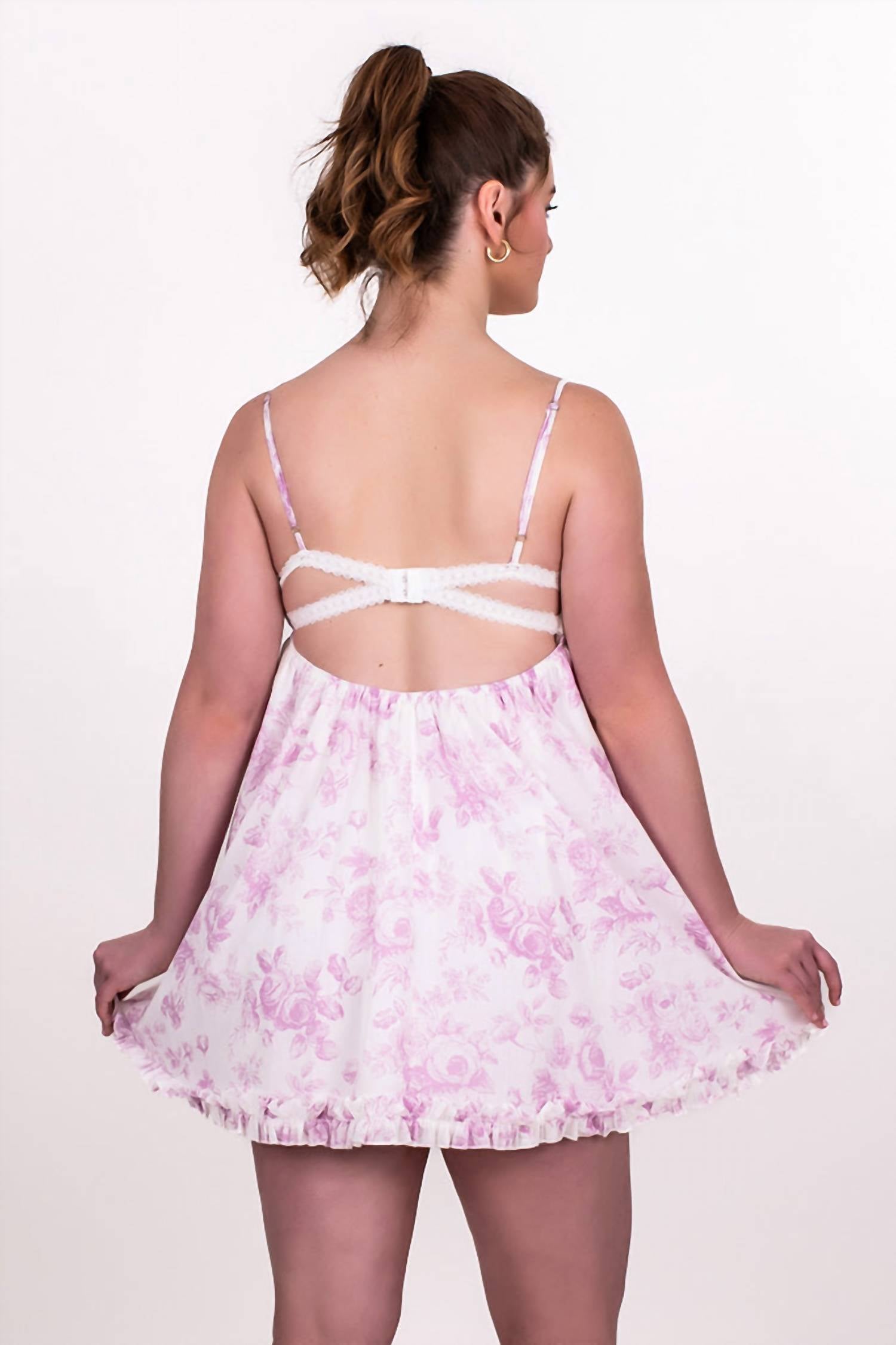 Sky to Moon Toile Floral Ruffle Hem Dress in pink cotton - women's dress - detail view