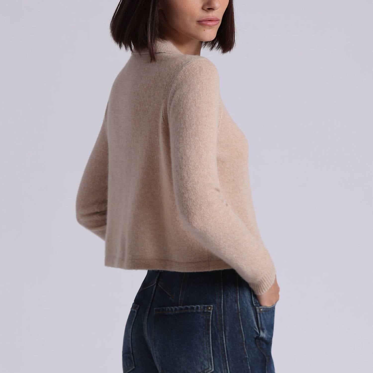 Minnie Rose Cashmere Collared Cardigan in brown sugar - women's cardigan - detail view