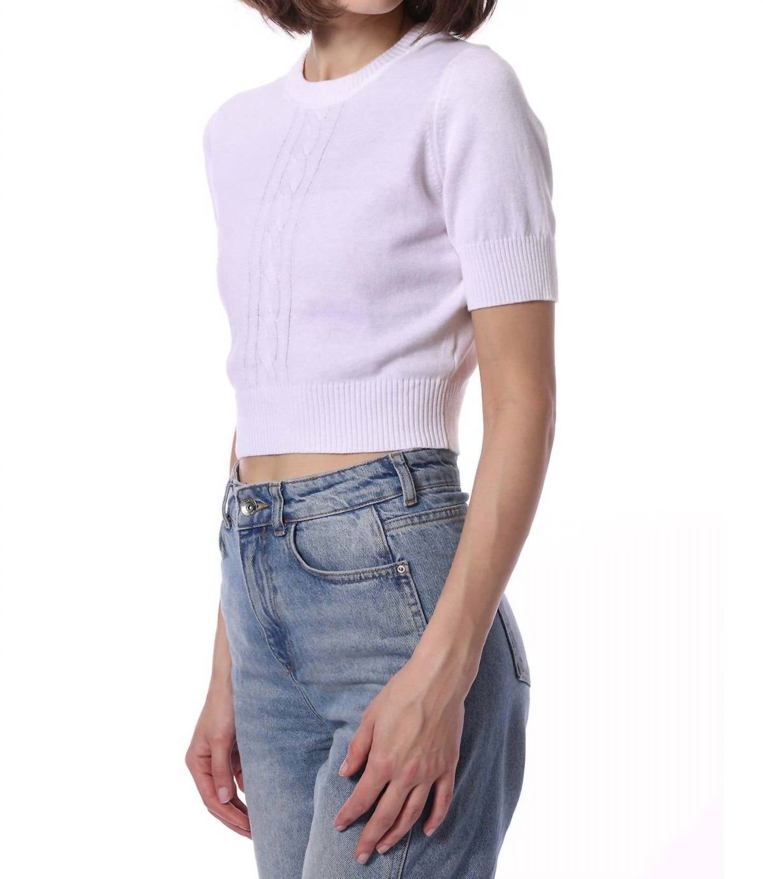 Minnie Rose - Pre-loved Cashmere Short Sleeve Cropped Center Cable Sweater