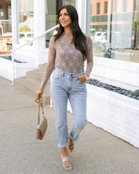 Grace and Lace Floral Lace Mesh Long Sleeve Top in taupe - women's long sleeve top - alternate view